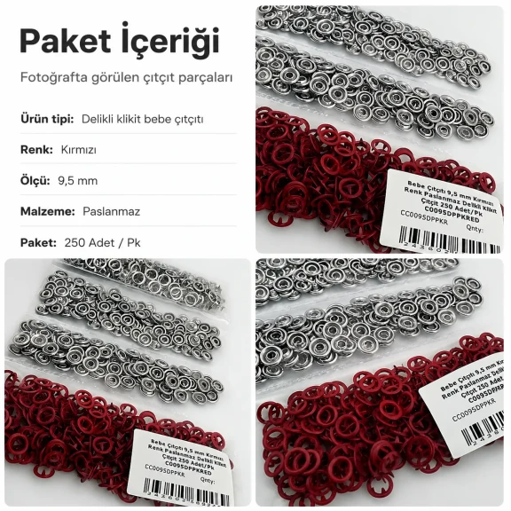 Bebe Çıtçıtı 9,5 mm Kırmızı Renk Paslanmaz Delikli Klikıt Çıtçıt 250 Adet/Pk - Tekstil ve Aksesuar Kullanımı için Uygun