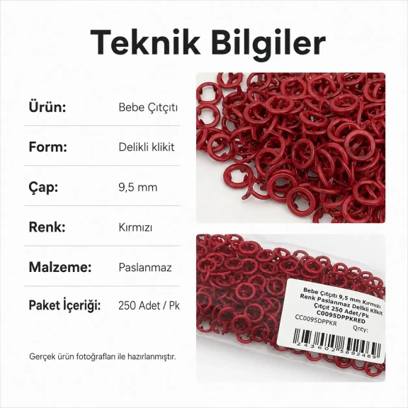 Bebe Çıtçıtı 9,5 mm Kırmızı Renk Paslanmaz Delikli Klikıt Çıtçıt 250 Adet/Pk - Tekstil ve Aksesuar Kullanımı için Uygun