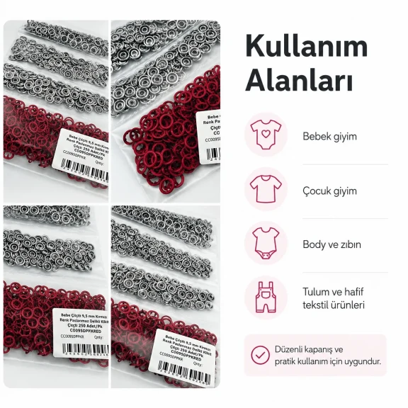 Bebe Çıtçıtı 9,5 mm Kırmızı Renk Paslanmaz Delikli Klikıt Çıtçıt 250 Adet/Pk - Tekstil ve Aksesuar Kullanımı için Uygun