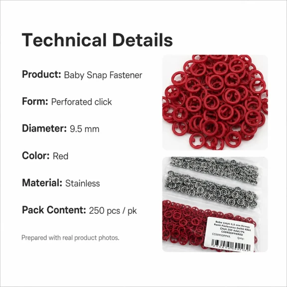 Bebe Çıtçıtı 9,5 mm Kırmızı Renk Paslanmaz Delikli Klikıt Çıtçıt 250 Adet/Pk - Tekstil ve Aksesuar Kullanımı için Uygun