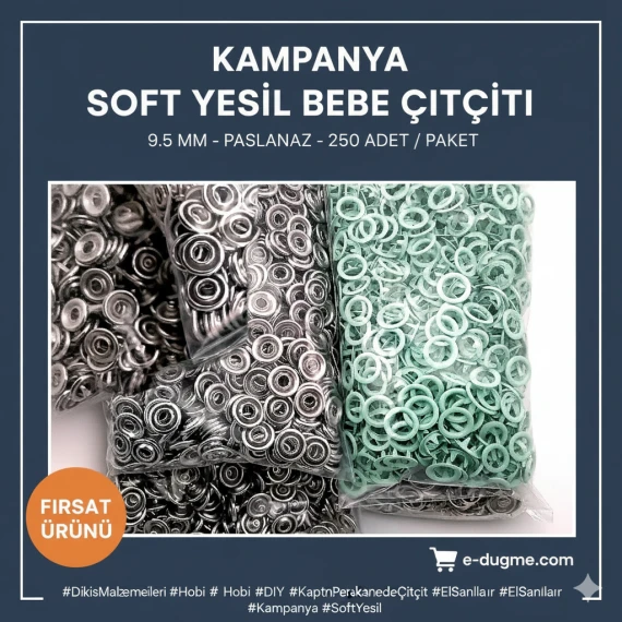 Bebe Çıtçıtı 9,5 mm Soft Yeşil Renk Paslanmaz Delikli Klikıt Çıtçıt 250 Adet/Pk C0095DPPKSoftYsl