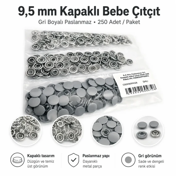 9,5 mm Kapaklı Bebe Çıtçıt Gri Boyalı Paslanmaz 250 Ad/Paket C0095KPPKGRI