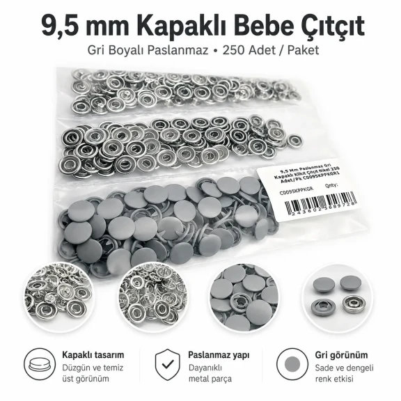 9,5 mm kapaklı bebek çıtçıt gri boyalı paslanmaz metal, 250 adet paket içeriği ile çocuk giyimde kullanıma uygun