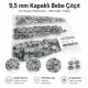 9,5 mm kapaklı bebek çıtçıt gri boyalı paslanmaz metal, 250 adet paket içeriği ile çocuk giyimde kullanıma uygun