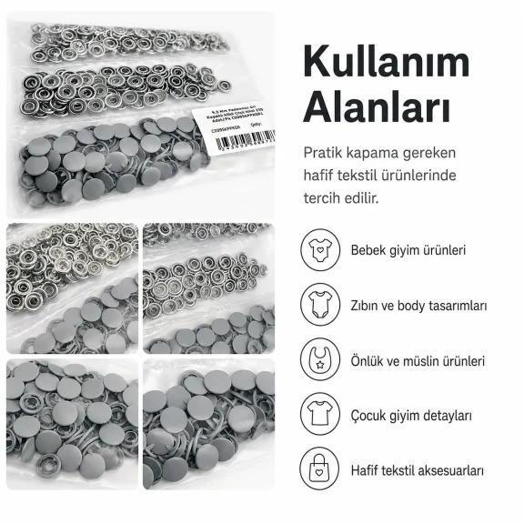 9,5 mm kapaklı bebek çıtçıt gri boyalı paslanmaz metal, 250 adet paket içeriği ile çocuk giyimde kullanıma uygun