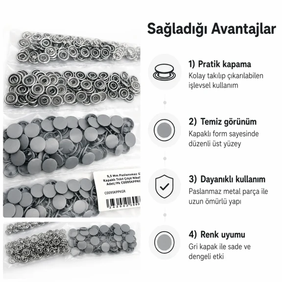 9,5 mm kapaklı bebek çıtçıt gri boyalı paslanmaz metal, 250 adet paket içeriği ile çocuk giyimde kullanıma uygun