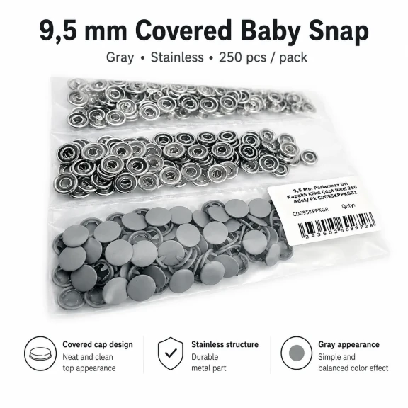 9,5 mm kapaklı bebek çıtçıt gri boyalı paslanmaz metal, 250 adet paket içeriği ile çocuk giyimde kullanıma uygun