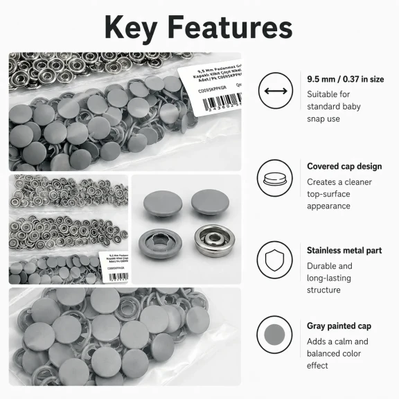 9,5 mm kapaklı bebek çıtçıt gri boyalı paslanmaz metal, 250 adet paket içeriği ile çocuk giyimde kullanıma uygun