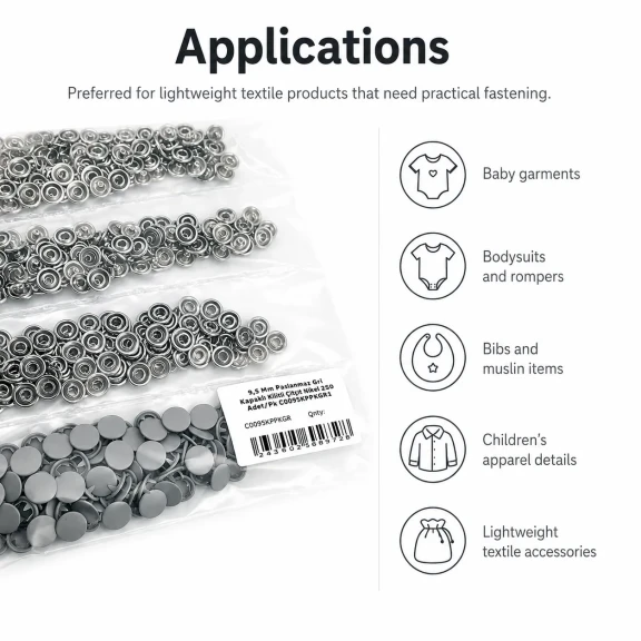 9,5 mm kapaklı bebek çıtçıt gri boyalı paslanmaz metal, 250 adet paket içeriği ile çocuk giyimde kullanıma uygun