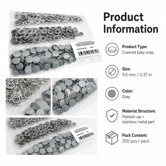 9,5 mm kapaklı bebek çıtçıt gri boyalı paslanmaz metal, 250 adet paket içeriği ile çocuk giyimde kullanıma uygun