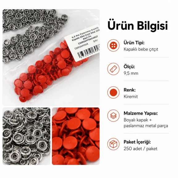 9,5 mm kapaklı bebek çıtçıt kiremit rengi boyalı paslanmaz 250 ad paket