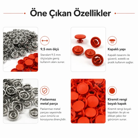 9,5 mm kapaklı bebek çıtçıt kiremit rengi boyalı paslanmaz 250 ad paket