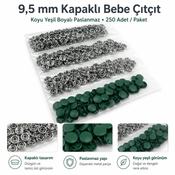 9,5 mm Kapaklı Bebe Çıtçıt Koyu Yeşil Boyalı Paslanmaz 250 Ad/Paket C0095KPPKKYSL