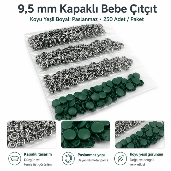 9,5 mm kapaklı bebek çıtçıt koyu yeşil boyalı paslanmaz metal, 250 adet paket