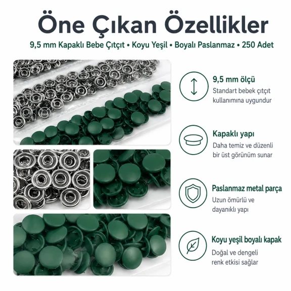 9,5 mm kapaklı bebek çıtçıt koyu yeşil boyalı paslanmaz metal, 250 adet paket