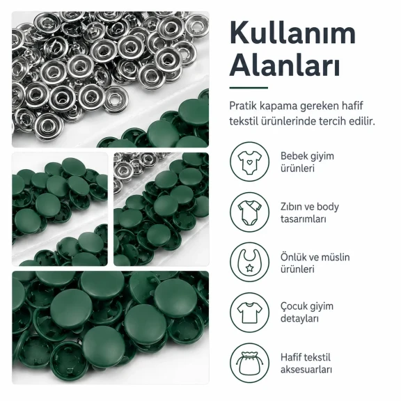9,5 mm kapaklı bebek çıtçıt koyu yeşil boyalı paslanmaz metal, 250 adet paket