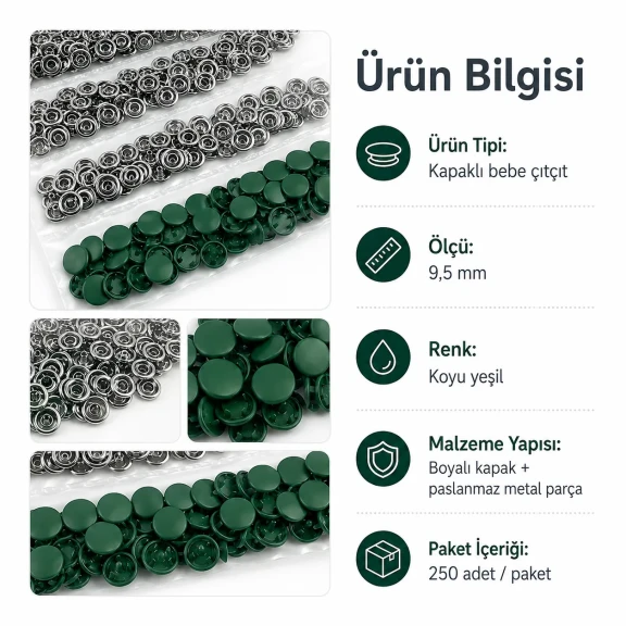 9,5 mm kapaklı bebek çıtçıt koyu yeşil boyalı paslanmaz metal, 250 adet paket