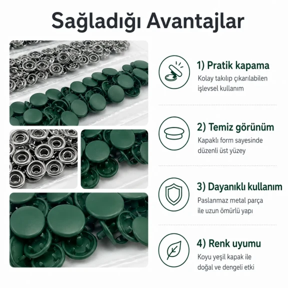 9,5 mm kapaklı bebek çıtçıt koyu yeşil boyalı paslanmaz metal, 250 adet paket