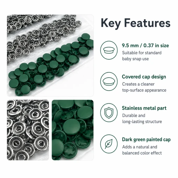 9,5 mm kapaklı bebek çıtçıt koyu yeşil boyalı paslanmaz metal, 250 adet paket