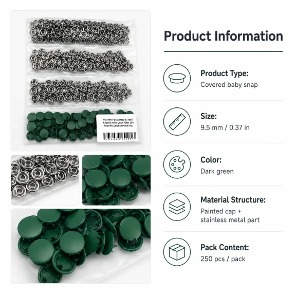9,5 mm kapaklı bebek çıtçıt koyu yeşil boyalı paslanmaz metal, 250 adet paket