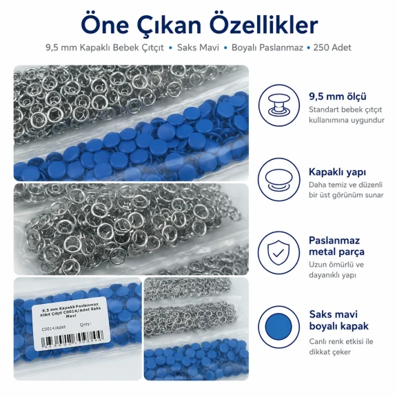 9,5 mm kapaklı bebek çıtçıt saks mavi boyalı paslanmaz, 250 adet paket, çocuk giyimde kullanım için ideal