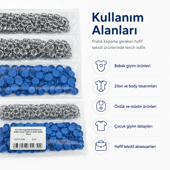 9,5 mm kapaklı bebek çıtçıt saks mavi boyalı paslanmaz, 250 adet paket, çocuk giyimde kullanım için ideal