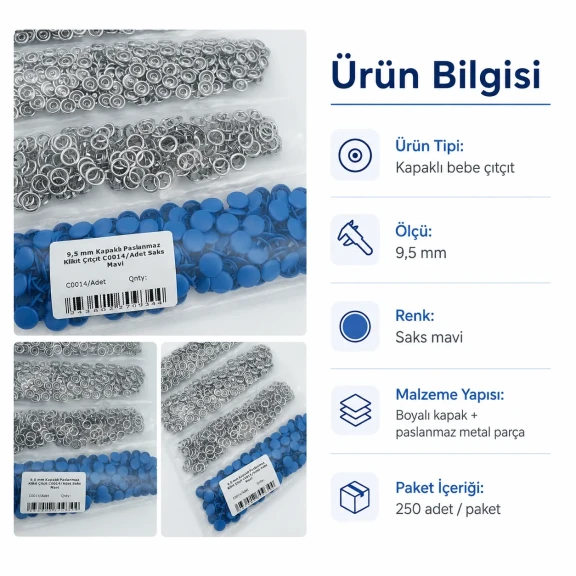 9,5 mm kapaklı bebek çıtçıt saks mavi boyalı paslanmaz, 250 adet paket, çocuk giyimde kullanım için ideal