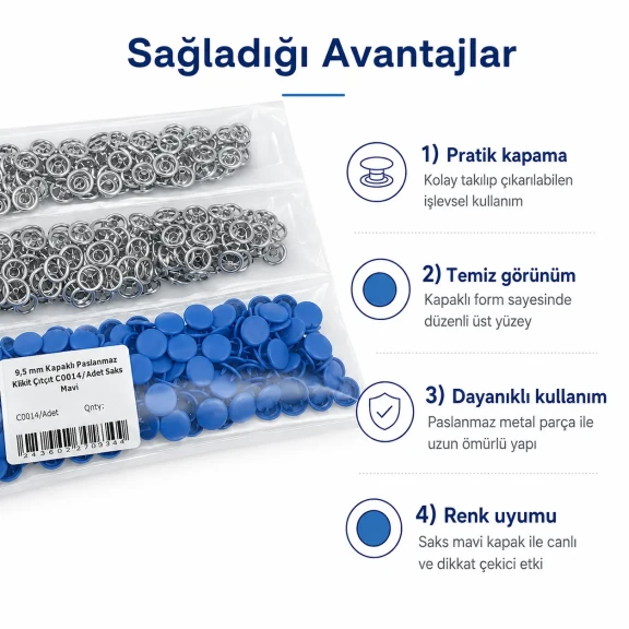 9,5 mm kapaklı bebek çıtçıt saks mavi boyalı paslanmaz, 250 adet paket, çocuk giyimde kullanım için ideal