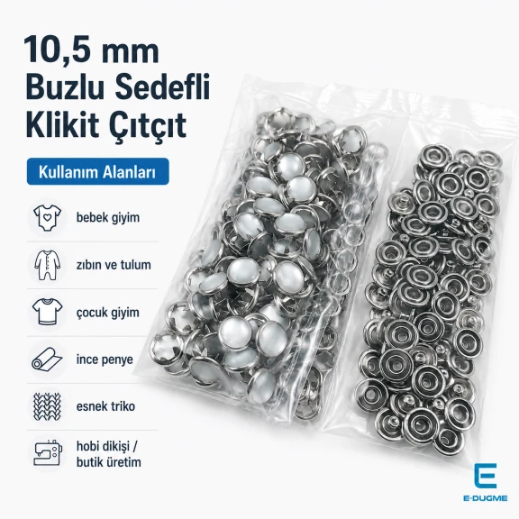 Buzlu sedefli 10,5 mm paslanmaz klikıt çıtçıt, tekstil aksesuarı, estetik ve dayanıklı kullanım için ideal