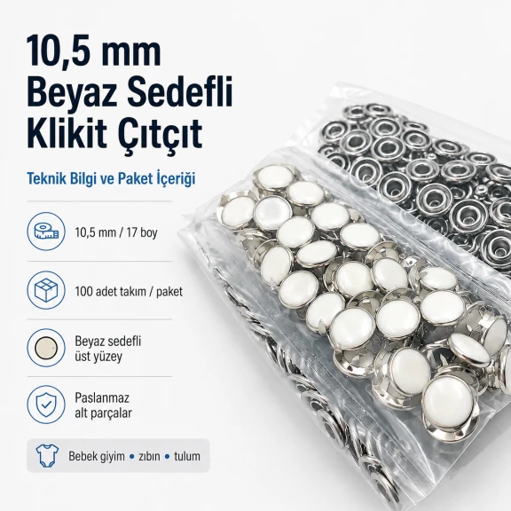 Beyaz Sedefli Klikıt Çıtçıt 10,5 mm Paslanmaz 100 Adet/Paket - Estetik ve dayanıklı tekstil aksesuarı