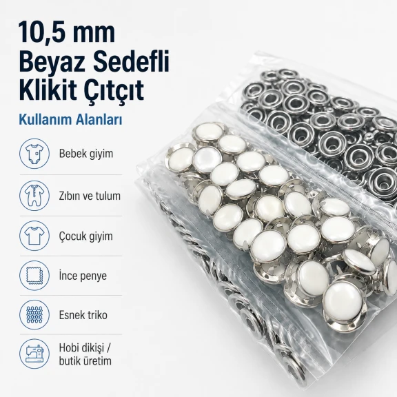Beyaz Sedefli Klikıt Çıtçıt 10,5 mm Paslanmaz 100 Adet/Paket - Estetik ve dayanıklı tekstil aksesuarı
