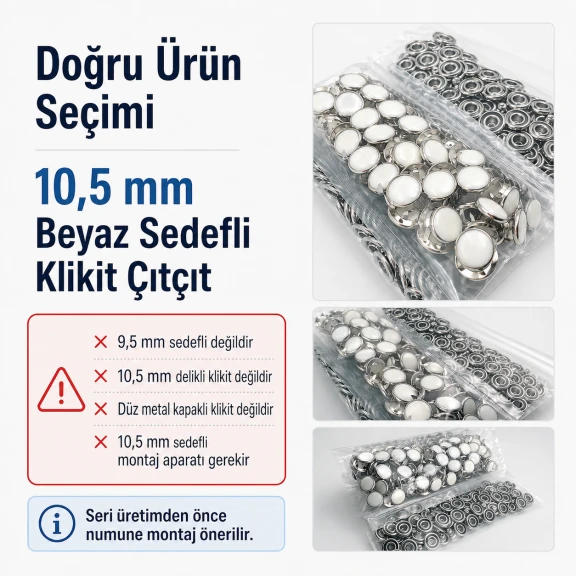 Beyaz Sedefli Klikıt Çıtçıt 10,5 mm Paslanmaz 100 Adet/Paket - Estetik ve dayanıklı tekstil aksesuarı