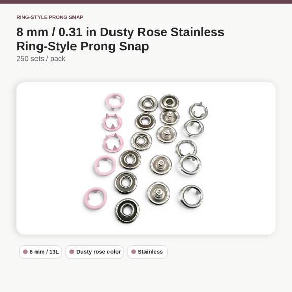 8 mm / 0.31 in Dusty Rose Stainless Ring-Style Prong Snap Fasteners for babywear and light garments