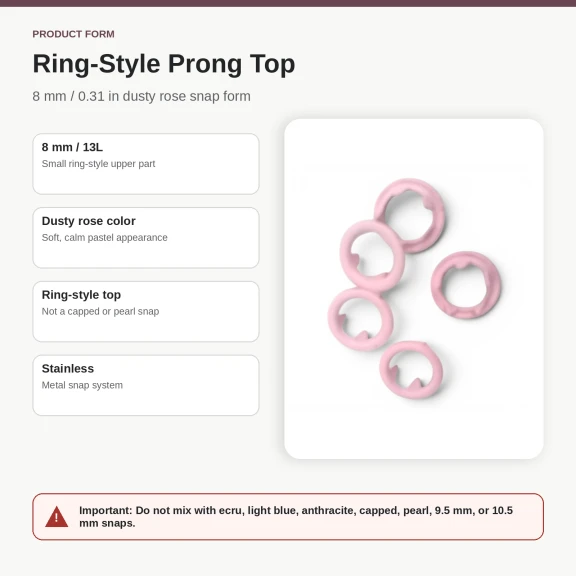 8 mm / 0.31 in Dusty Rose Stainless Ring-Style Prong Snap Fasteners for babywear and light garments