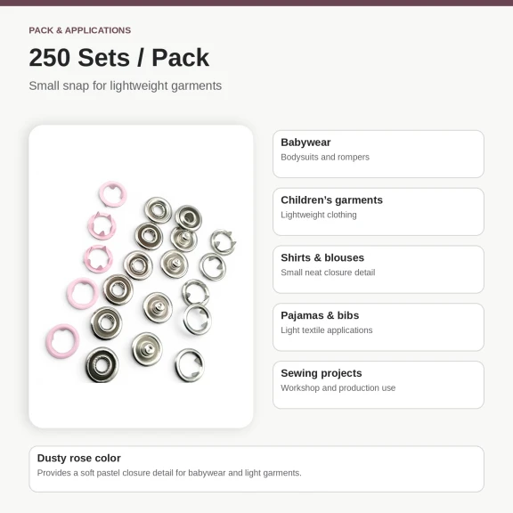 8 mm / 0.31 in Dusty Rose Stainless Ring-Style Prong Snap Fasteners for babywear and light garments