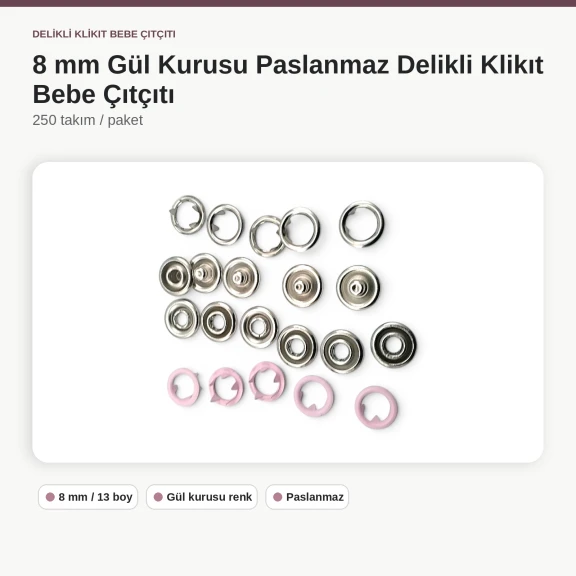 8 mm / 0.31 in Dusty Rose Stainless Ring-Style Prong Snap Fasteners for babywear and light garments