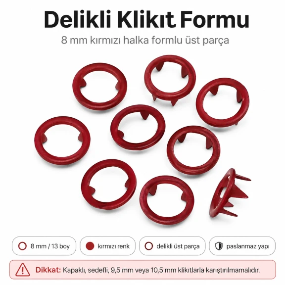 8 mm Kırmızı Renk Delikli Klikıt Bebe Çıtçıtı Paslanmaz 250 Adet/Paket - Tekstil ve Hobi Kullanımı için İdeal