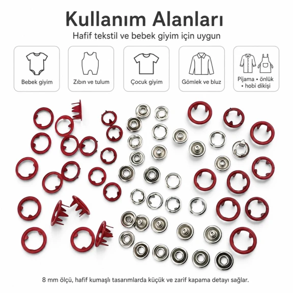 8 mm Kırmızı Renk Delikli Klikıt Bebe Çıtçıtı Paslanmaz 250 Adet/Paket - Tekstil ve Hobi Kullanımı için İdeal