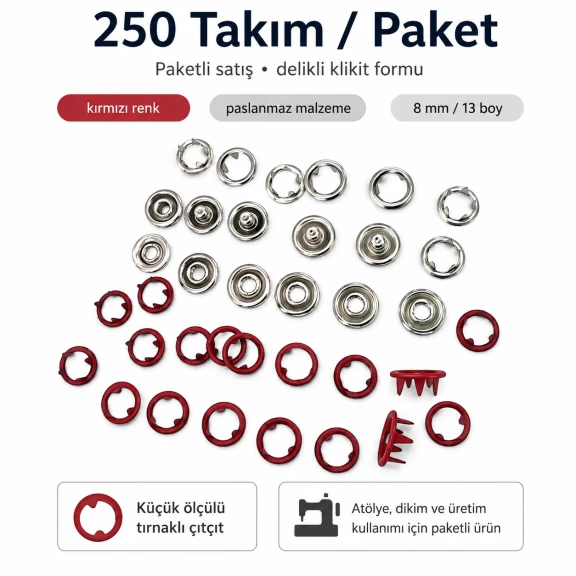 8 mm Kırmızı Renk Delikli Klikıt Bebe Çıtçıtı Paslanmaz 250 Adet/Paket - Tekstil ve Hobi Kullanımı için İdeal