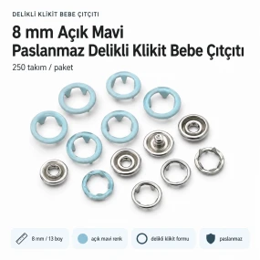 8 mm Açık Mavi Renk Delikli Klikıt Bebe Çıtçıtı Paslanmaz 250 Adet/Paket ERBCLK0008PAM