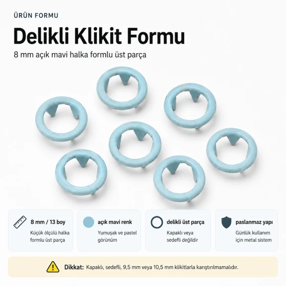 8 mm Açık Mavi Renk Delikli Klikıt Bebe Çıtçıtı Paslanmaz 250 Adet/Paket