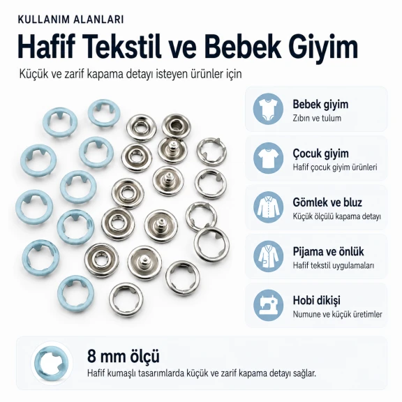 8 mm Açık Mavi Renk Delikli Klikıt Bebe Çıtçıtı Paslanmaz 250 Adet/Paket