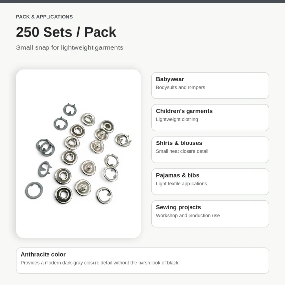 8 mm Antrasit Renk Delikli Klikıt Bebe Çıtçıtı Paslanmaz 250 Adet/Paket