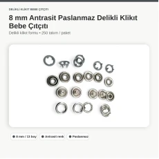 8 mm Antrasit Renk Delikli Klikıt Bebe Çıtçıtı Paslanmaz 250 Adet/Paket ERBCLK0008PANT