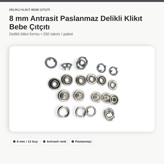 8 mm Antrasit Renk Delikli Klikıt Bebe Çıtçıtı Paslanmaz 250 Adet/Paket