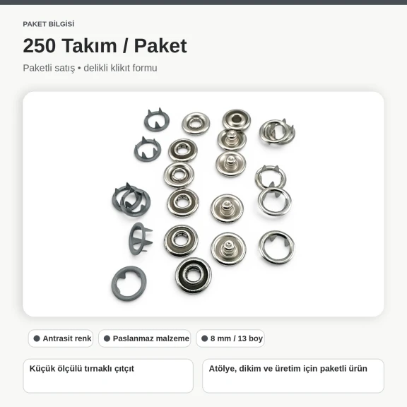 8 mm Antrasit Renk Delikli Klikıt Bebe Çıtçıtı Paslanmaz 250 Adet/Paket