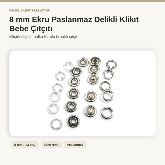 8 mm Ekru Renk Delikli Klikıt Bebe Çıtçıtı Paslanmaz 250 Adet/Paket