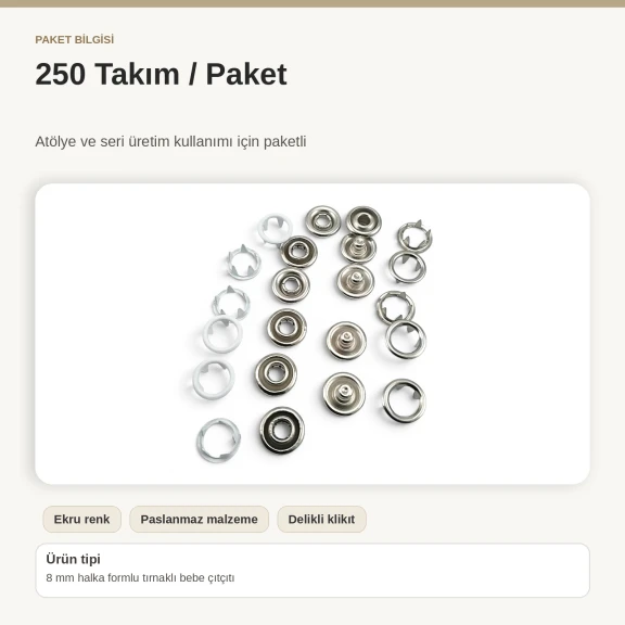 8 mm Ekru Renk Delikli Klikıt Bebe Çıtçıtı Paslanmaz 250 Adet/Paket