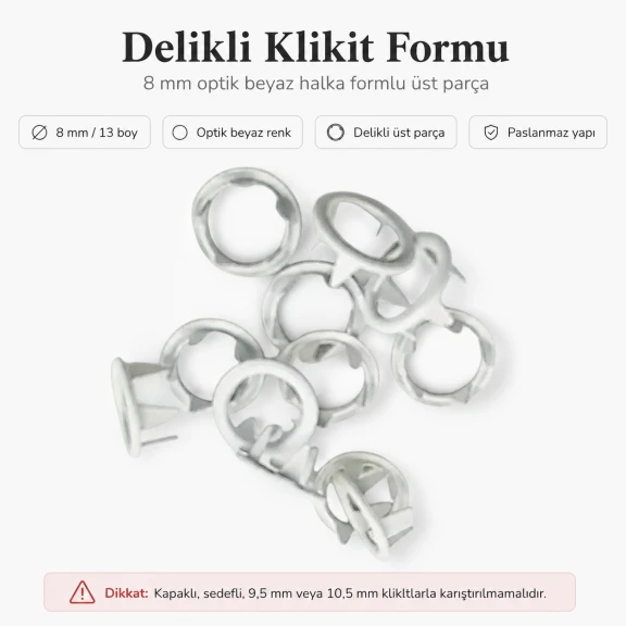 8 mm Optik Beyaz Renk Delikli Klikıt Bebe Çıtçıtı Paslanmaz 250 Adet/Paket