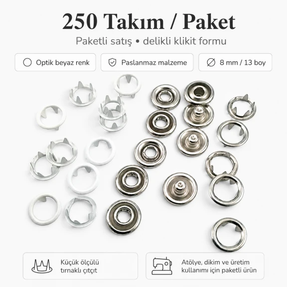 8 mm Optik Beyaz Renk Delikli Klikıt Bebe Çıtçıtı Paslanmaz 250 Adet/Paket